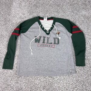 Minnesota Wild Sweatshirt Womens XL Gray Green NHL Hockey Lace Up V Neck Sweater